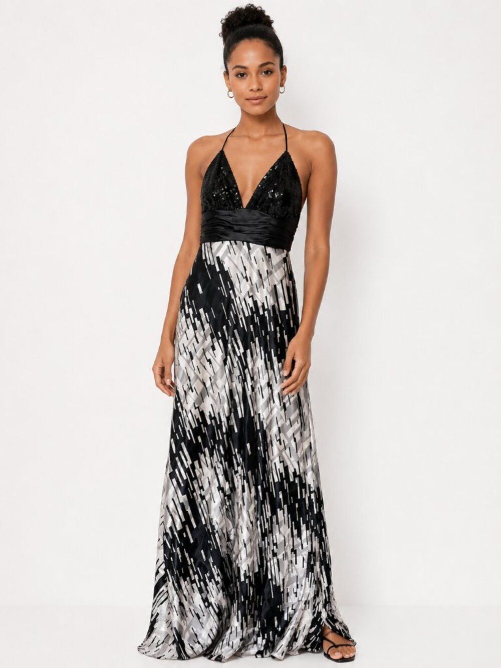 Shimmer by Bari Jay Silk Blend Sequin Halter Gown Black White Size 2